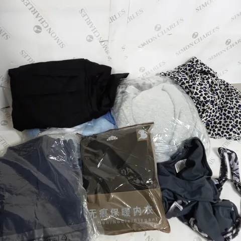 LARGE BOX OF ASSORTED CLOTHING ITEMS IN VARIOUS COLOURS AND SIZES INCLUDING TROUSERS , TOPS AND JUMPERS