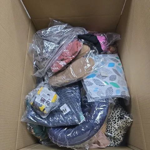 BOX OF APPROXIMATELY 25 ITEMS OF CLOTHING IN VARIOUS STYLES , SIZES AND COLOURS