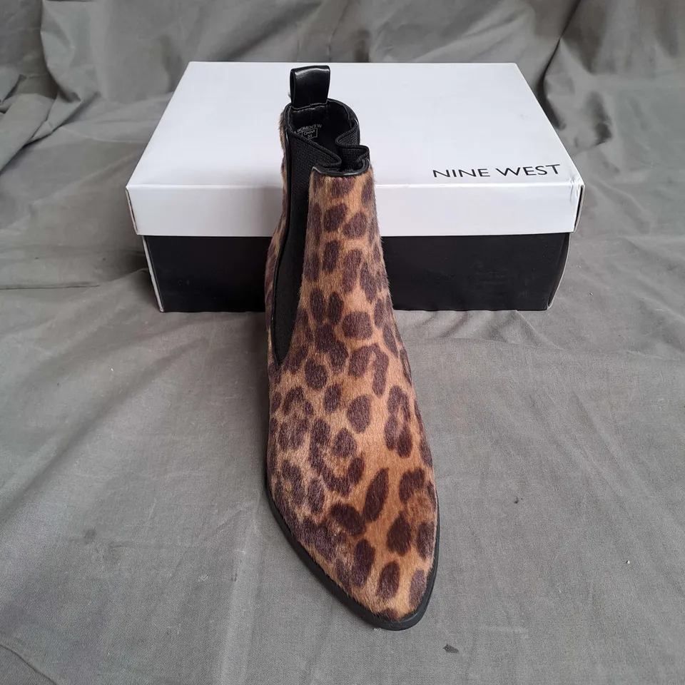 BOXED PAIR OF NINE WEST SYNTHETIC ANKLE BOOTS IN LEOPARD SIZE EU 35