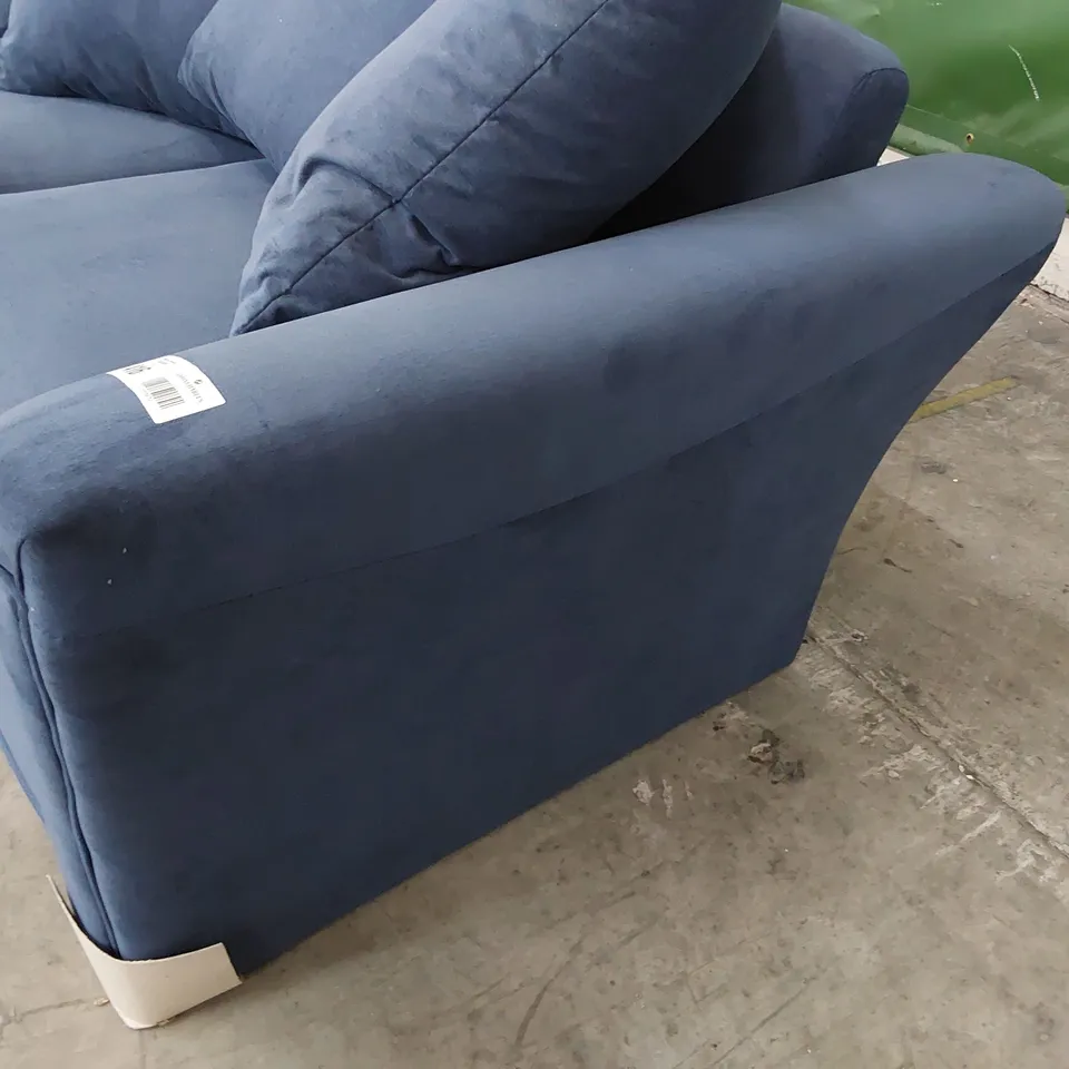 DESIGNER THREE SEATER SOFA WITH SCATTER CUSHIONS BLUE PLUSH FABRIC 