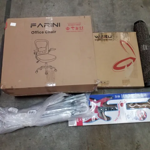 PALLET OF ASSORTED PRODUCTS INCLUDING OFFICE CHAIR, TOILET SEAT, FLOOR MAT, KIDS TOY GUITAR, UMBRELLAS