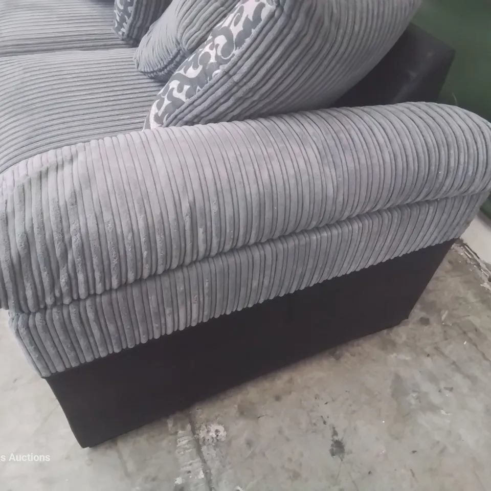 DESIGNER THREE SEATER SOFA WITH SCATTER CUSHIONS BLACK FAUX LEATHER & GREY JUMBO CHORD
