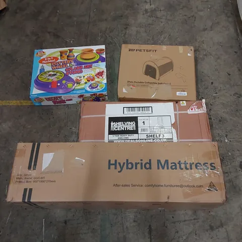 PALLET OF ASSORTED HOUSEHOLD ITEMS AND CONSUMER PRODUCTS. INCLUDES; MATTRESS, POTTERY WHEEL, PET PORTABLE SOFT CRATE, HEAVY DUTY SHELVING ETC