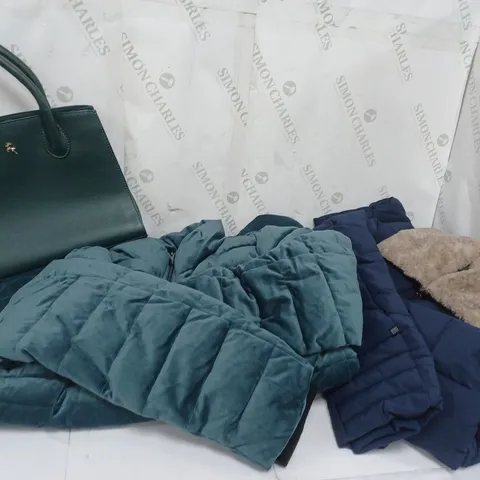 BOX OF 10 ASSORTED CLOTHING ITEMS TO INCLUDE ASHWOOD GREEN HANDBAG, BLUE COAT ETC