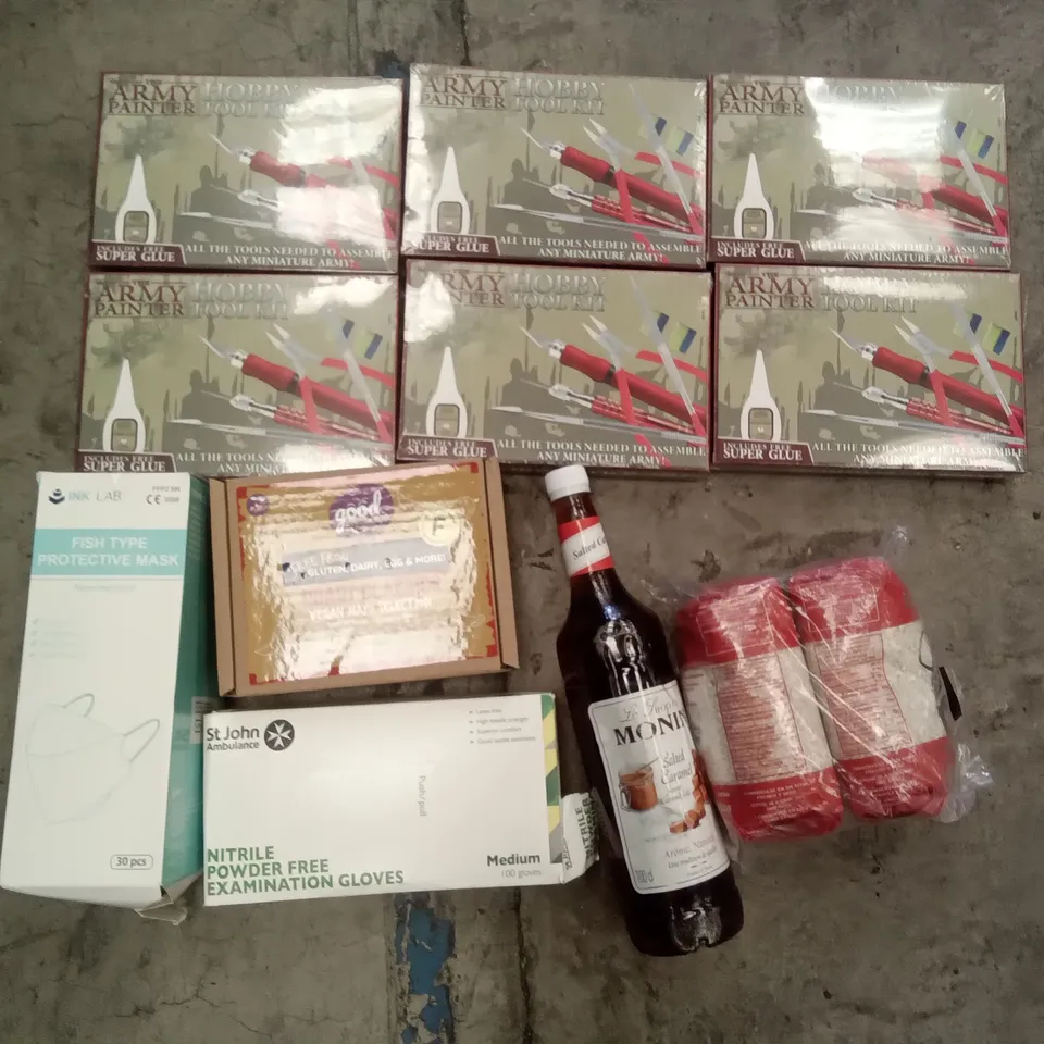 PALLET OF ASSORTED ITEMS INCLUDING THE ARMY PAINTER HOBBY TOOL KIT, FISH TYPE PROTECTIVE MASK, 100 MEDIUM EXAMINATION GLOVES, GOOD VEGAN MAYO SELECTION, ALTED CARAMEL SYRUP, ARROZ RICE 