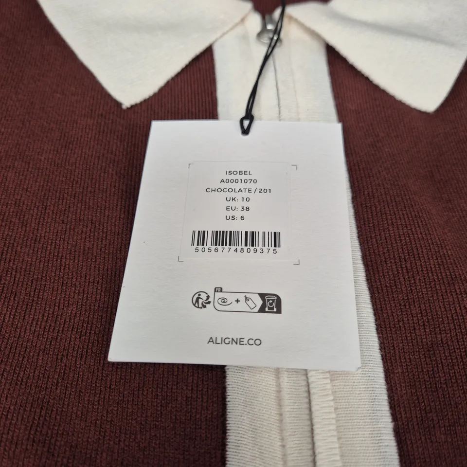 ALIGNE ISOBEL CHOCOLATE KNIT TOP WITH CREAM COLLAR, UK SIZE 10