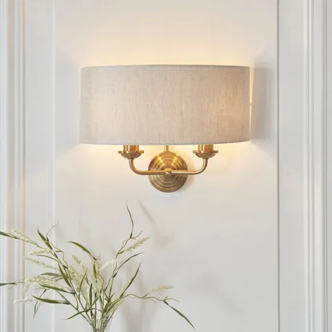 BOXED ENDON HIGHCLERE 2 LIGHT WALL LIGHT VINTAGE BRASS & NATURAL LINEN SHADE