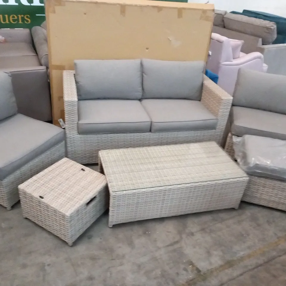 DESIGNER RATTAN EFFECT GARDEN SET CONSISTING OF; TWO SEATER SOFA, TWO CHAIRS, GLASS TOPPED COFFEE TABLE AND TWO FOOTSTOOLS