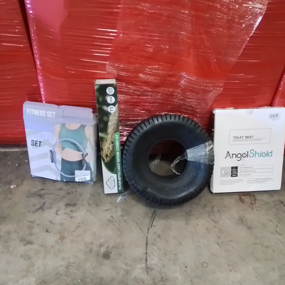 PALLET OF ASSORTED HOUSEHOLD GOODS AND PRODUCTS TO INCLUDE; FITNESS SET, REPTILE LIGHT, TYRE, TOILET SEAT ETC