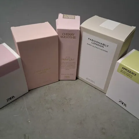 FIVE ASSORTED ZARA FRAGRANCES TO INCLUDE; GARDENIA, CHERRY SMOOTHIE AND FASHIONABLY LONDON