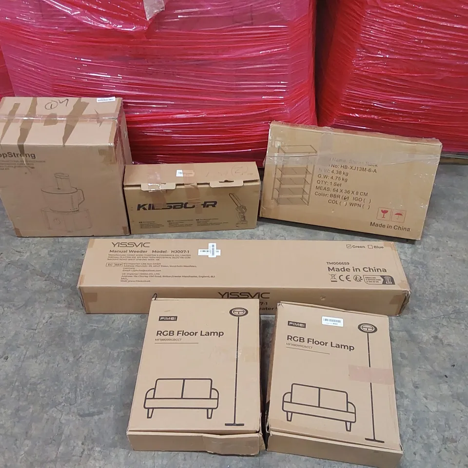PALLET OF ASSORTED CONSUMER PRODUCTS TO INCLUDE: FOOD PROCESSOR, MANUAL WEED EATER, RGB FLOOR LAMPS, FOLDING CHAIR, SHOE RACK ECT