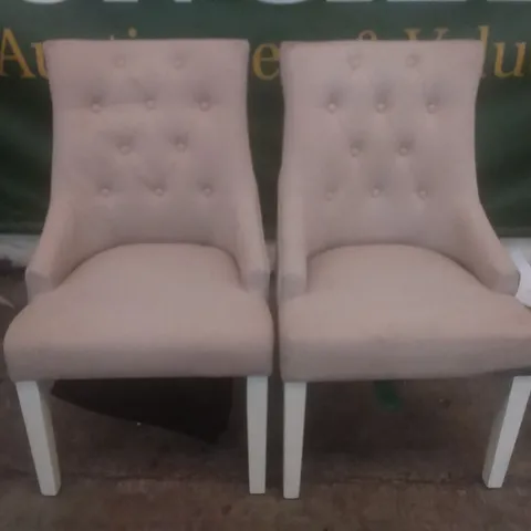 SET OF 2 NEW DUKE OATMEAL FABRIC BUTTON BACK DINING CHAIRS (WHITE LEG)