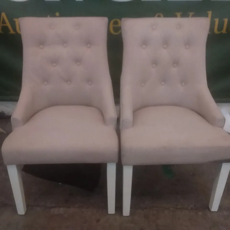 SET OF 2 NEW DUKE OATMEAL FABRIC BUTTON BACK DINING CHAIRS (WHITE LEG)