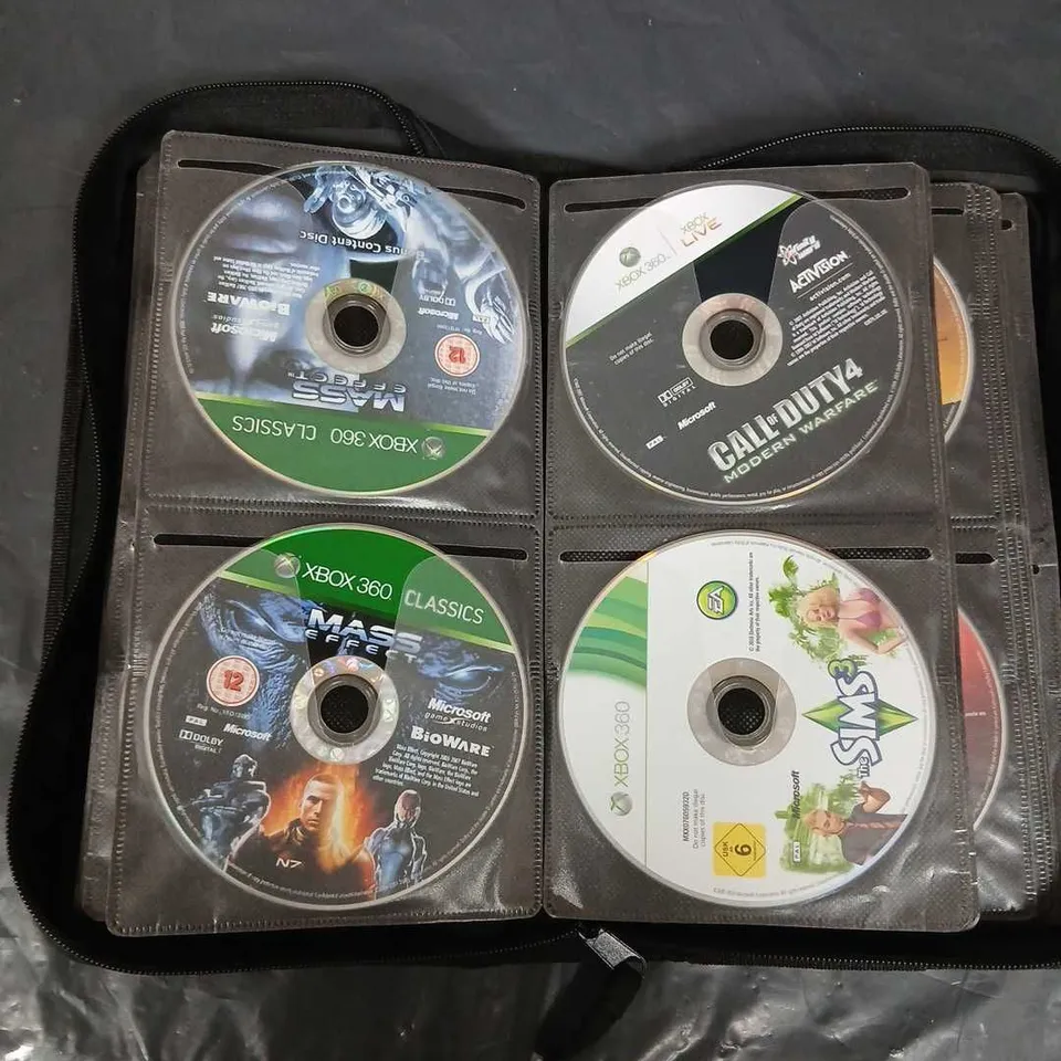 CD/GAME WALLET WITH APPROXIMATELY 50 ASSORTED XBOX 360 GAMES
