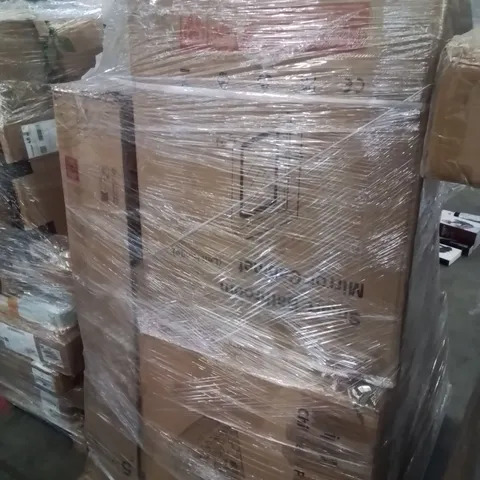 PALLET CONTAINING LARGE QUANTITY OF ASSORTED BOXED HOUSEHOLD PRODUCTS INCLUDING: LARGE CHILD'S PLAYPEN, SMART BATHROOM MIRROR CABINET, WEIGHTS ETC. 