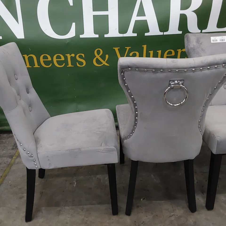 SET OF FOUR UPHOLSTERED BUTTONED RING BACK DINING CHAIRS GREY PLUSH FABRIC ON BLACK LEGS