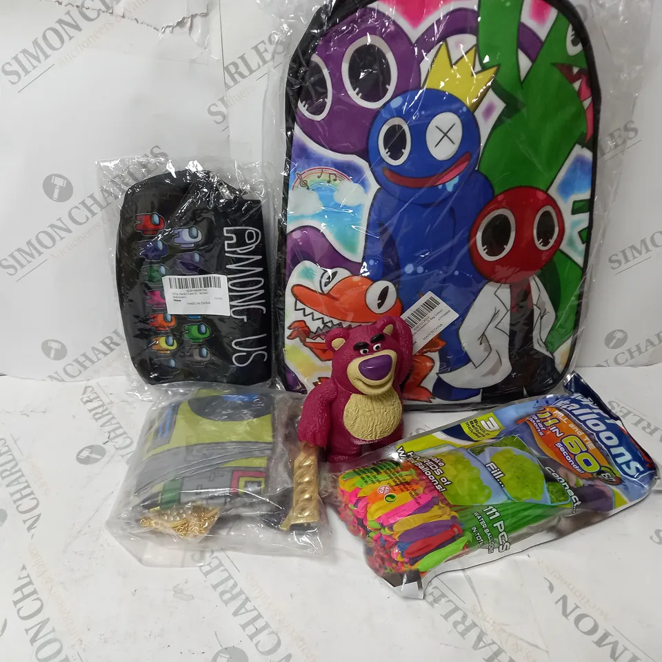 5 ASSORTED ITEMS TO INCLUDE REYOK KIDS SCHOOL BAG, AMONG US PENCIL CASE, HIP HOP COSTUME SET, HAPPY BABY BALLOONS 