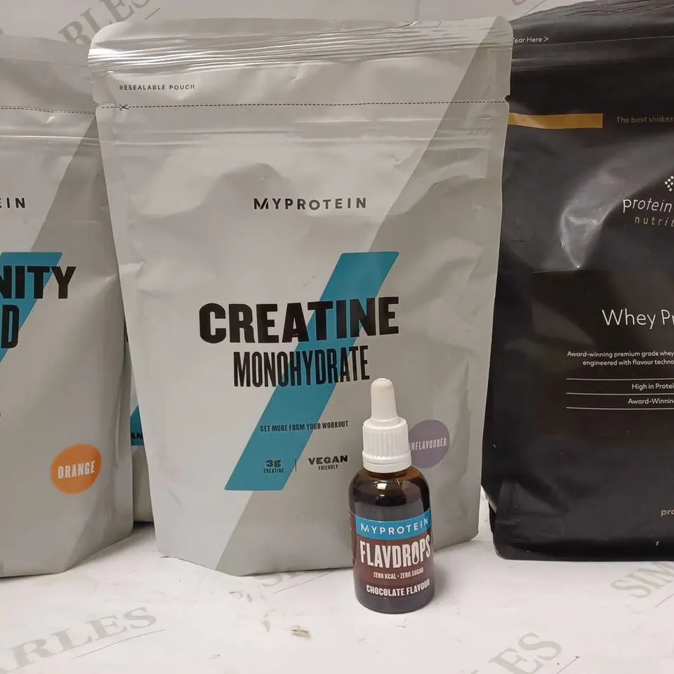 LOT OF 5 ASSORTED PROTEIN PRODUCTS TO INCLUDE IMMUNITY BLEND ORANGE 500G, CREATINE MONOHYDRATE UNFLAVOURED 500G, FLAVDROPS CHOCOLATE 50ML, WHEY PROTEIN 80 1KG