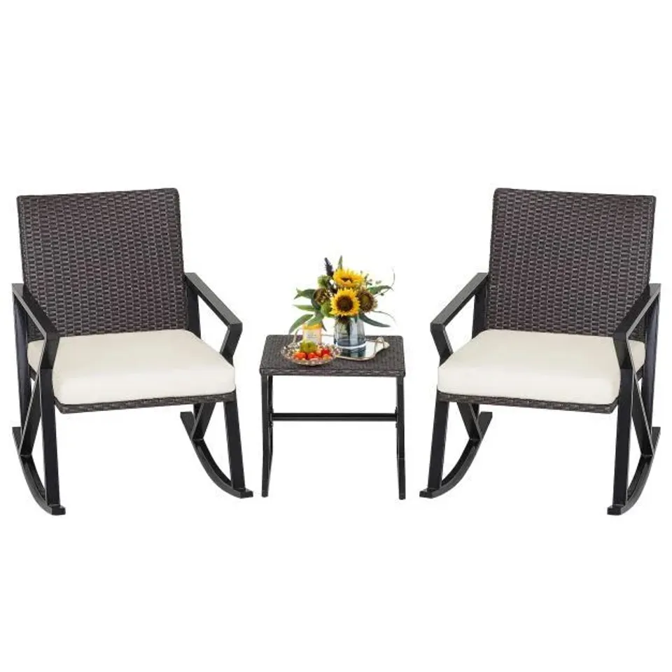 BOXED COSTWAY 3PCS PATIO RATTAN ROCKING CHAIR BISTRO SET COFFEE TABLE STORAGE SHELF (1 BOX)