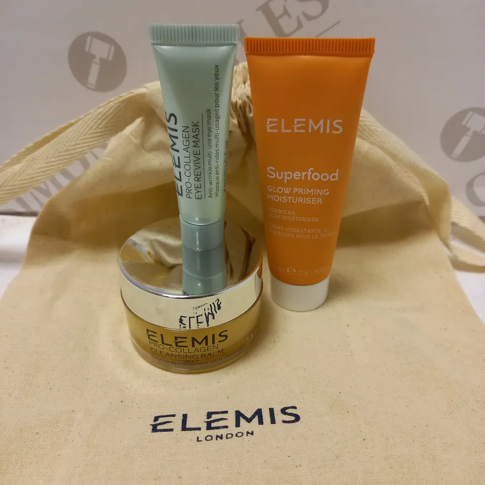 LOT OF 3 ELEMIS PRODUCTS TO INCLUDE PRO COLLAGEN CLEANSING BALM, SUPERFOOD GLOW PRIMIMG MOISTURISER, PRO-COLLAGEN EYE REVIVE MASK