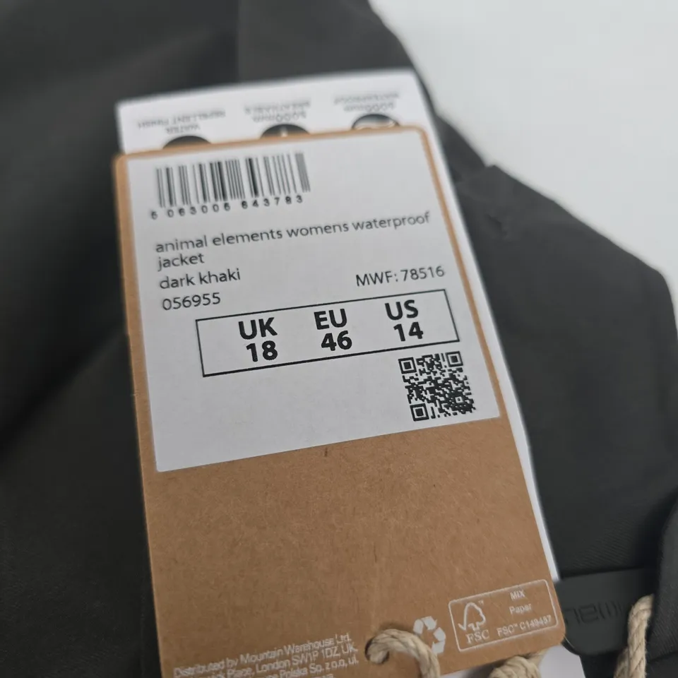 ANIMAL ELEMENTS WOMEN'S WATERPROOF JACKET – DARK KHAKI, UK 18 (EU 46)