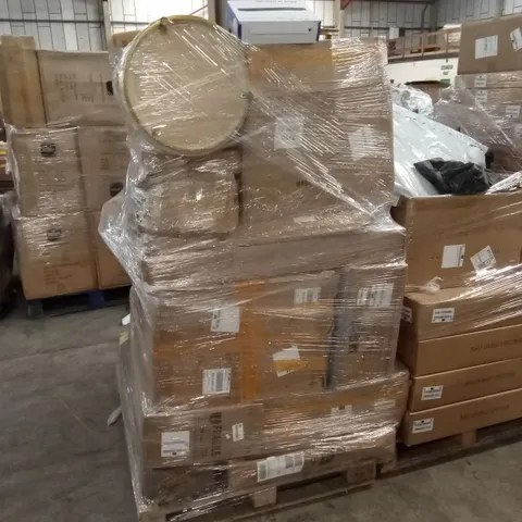 PALLET OF ASSORTED FURNITURE, HOUSEHOLD GOODS & PRODUCTS TO INCLUDE; SIDE TABLE, DVD PLAYER, LAMP SHADE ETC