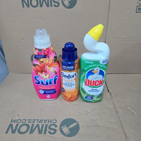 TOTE OF APPROXIMATELY 11 ASSORTED HOUSEHOLD ITEMS TO INCLUDE SURF, COMFORT, TOILET DUCK ETC