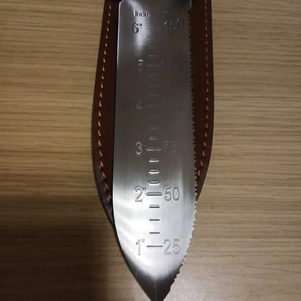 WOODEN-HANDLE KNIFE WITH BUILT-IN INCH-SCALE BLADE – LEATHER SHEATH