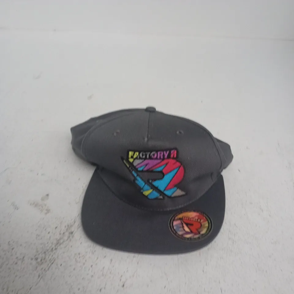 DARK GREY BASEBALL CAP WITH COLOURFUL EMBROIDERED 'FACTORY A' GRAPHIC