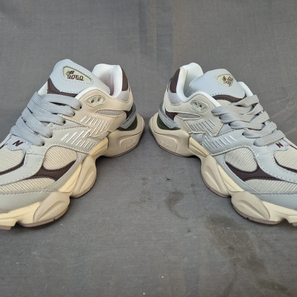 BOXED PAIR OF NEW BALANCE 9060 SHOES IN BEIGE/BROWN UK SIZE 5.5