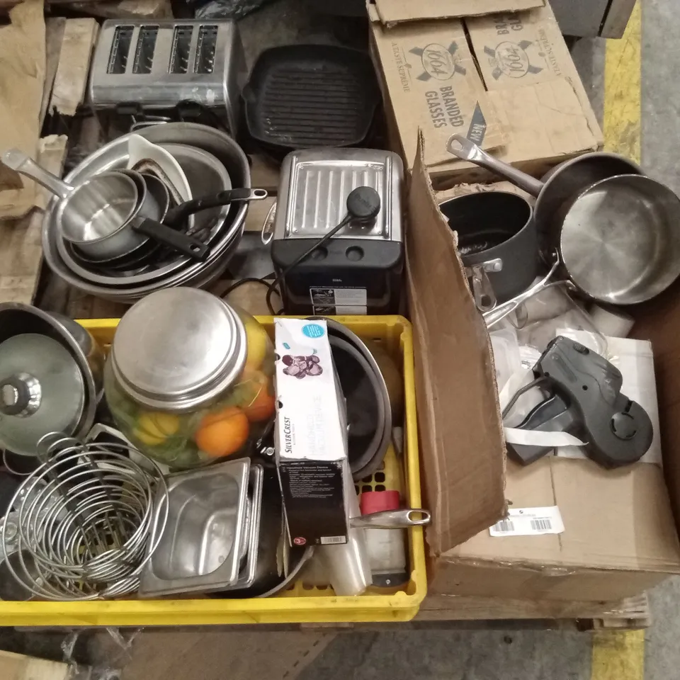 PALLET OF ASSORTED CATERING PRODUCTS TO INCLUDE; BOWLS, POTS, PANS, MIXED CROCKERY ETC