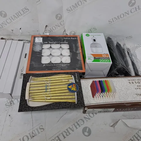 BOX OF ASSORTED HOUSEHOLD ITEMS TOO INCLUDE PENCIL SETS LIGHTING AND CANDLES
