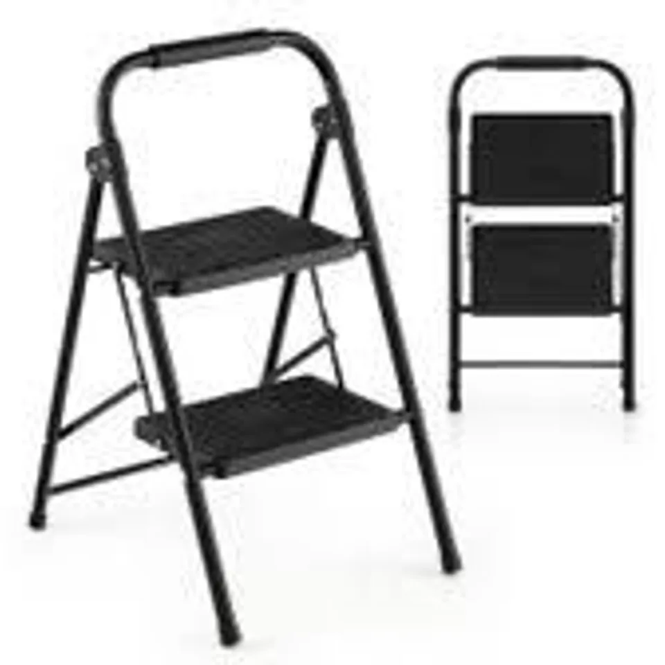 BOXED COSTWAY 2 STEP BLACK FOLDING LADDER WITH SAFE LOCK - BLACK