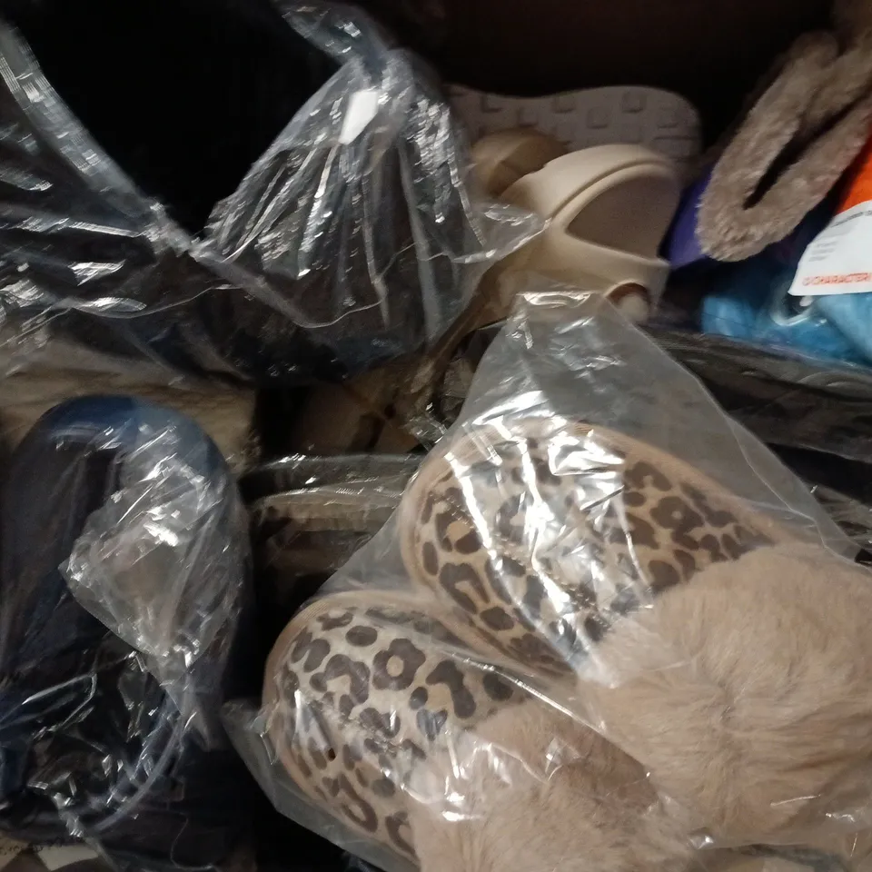 BOX OF APPROXIMATELY 15 ASSORTED PAIRS OF SHOES AND FOOTWEAR ITEMS IN VARIOUS COLOURS, STYLES, AND SIZES - COLLECTION ONLY
