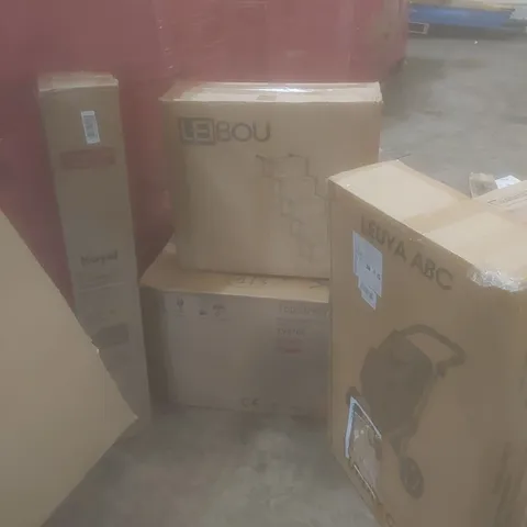 PALLET OF ASSORTED HOUSEHOLD GOODS AND PRODUCTS TO INCLUDE; COOKER HOOD, UTILITY CART, CARPET CHAIR MAT, BOXED FURNITURE ETC