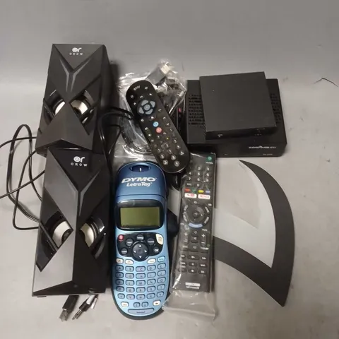 APPROXIMATELY 12 ASSORTED HOUSEHOLD ITEMS TO INCLUDE - REMOTES - DESKTOP SPEAKERS - CABLES - ETC