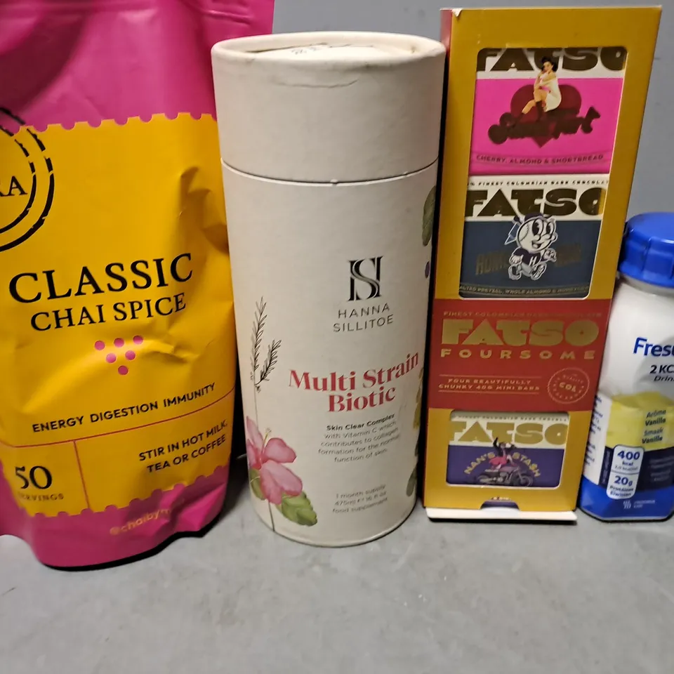 TOTE OF APPROX 14 ASSORTED FOOD ITEMS TO INCLUDE - CHAI BY MIRA CLASSIC CHAI SPICE , FRESUBIN , HANNA SILLITOE MILTI STRAIN BIOTIC ETC