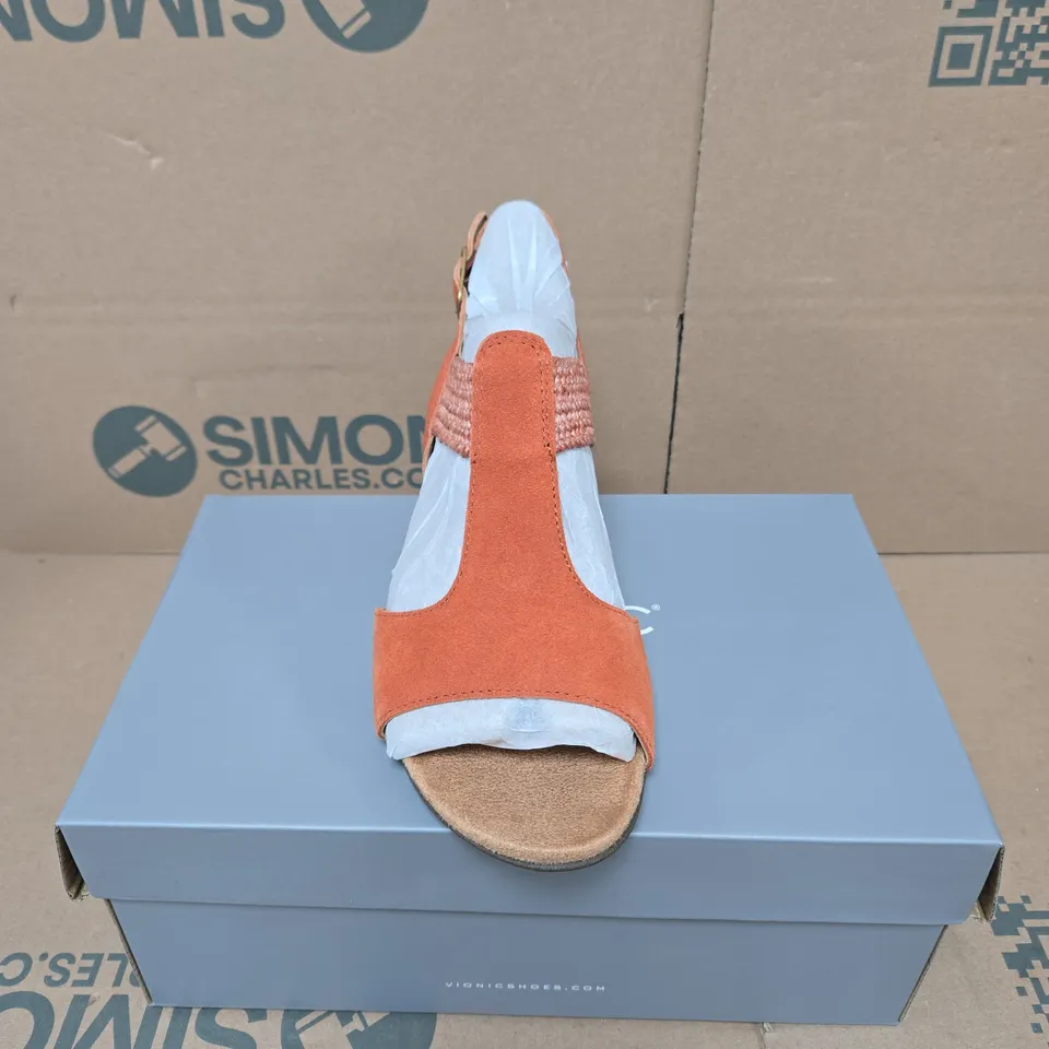 VIONIC WOMEN'S ORANGE SUEDE SANDALS WITH CORK WEDGE – BOXED UK 6.5