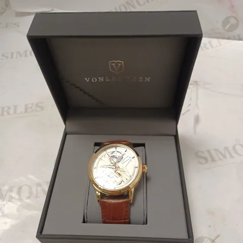 MENS VONLANTHEN AUTOMATIC WATCH – SILVER AND RED TEXTURED DIAL - GLASS EXHIBITION BACKCASE – BROWN LEATHER STRAP