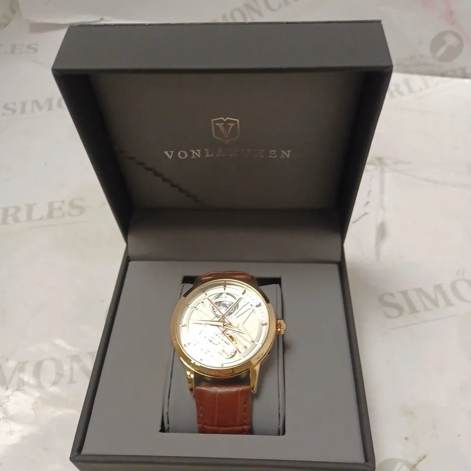 MENS VONLANTHEN AUTOMATIC WATCH – SILVER AND RED TEXTURED DIAL - GLASS EXHIBITION BACKCASE – BROWN LEATHER STRAP