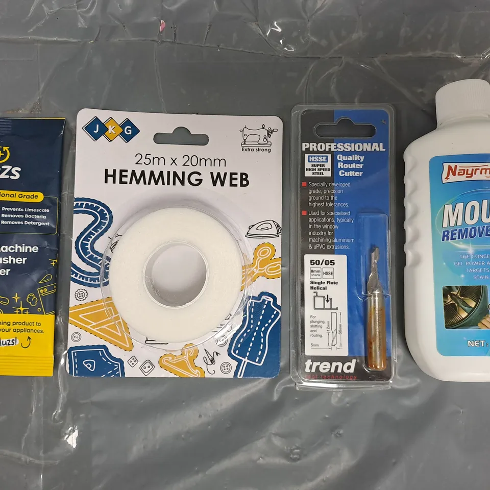 APPROXIMATELY 10 ASSORTED HOUSEHOLD ITEMS TO INCLUDE MOULD REMOVER GEL, ROUTER CUTTER, HEMMING WEB, ETC