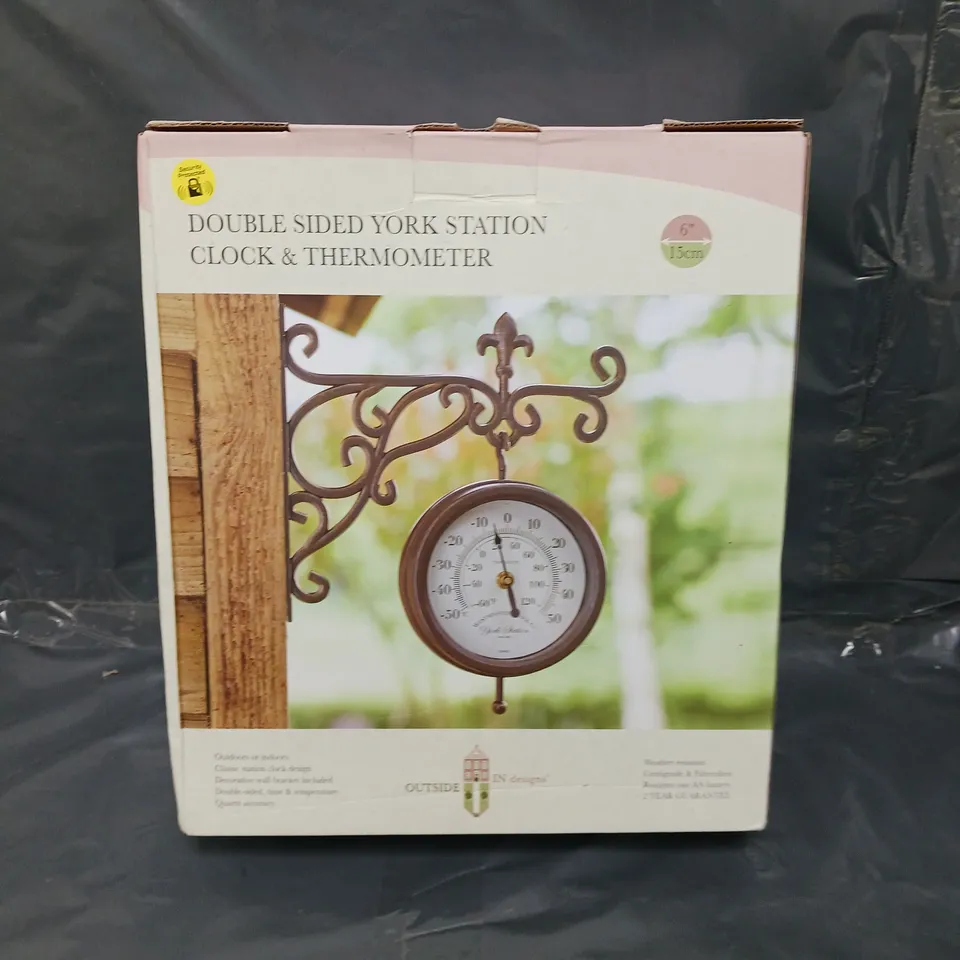 BOXED DOUBLE SIDED YORK STATION CLOCK & THERMOMETER 