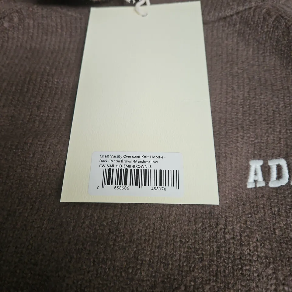 ADANOLA VARSITY OVERSIZED KNIT HOODIE – CHEST LOGO, DARK COCOA BROWN/MARSHMALLOW