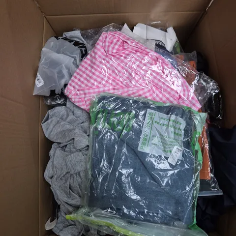 Assorted clothing in box – pink gingham shirt and grey knitwear