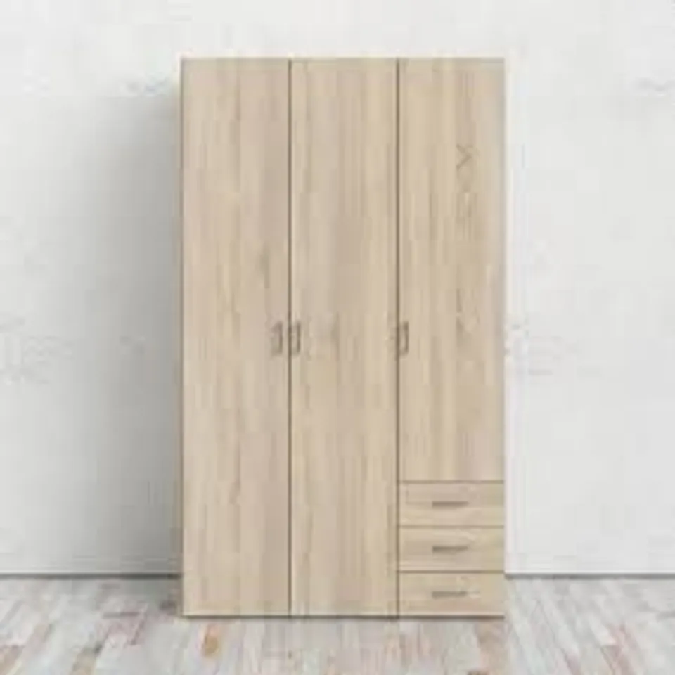 BOXED ASPEN OAK-EFFECT 3-DOOR 2-DRAWER WARDROBE (2 BOXES)