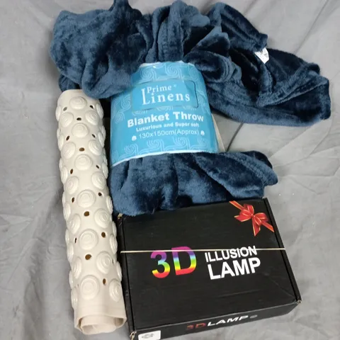 APPROXIMATELY 12 ASSORTED HOUSEHOLD PRODUCTS TO INCLUDE BLANKET THROW, 3D ILLUSION LAMP, BATH MAT, ETC