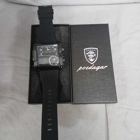 POEDAGAR QUARTZ WRISTWATCH, BLACK RUBBER STRAP, BOXED