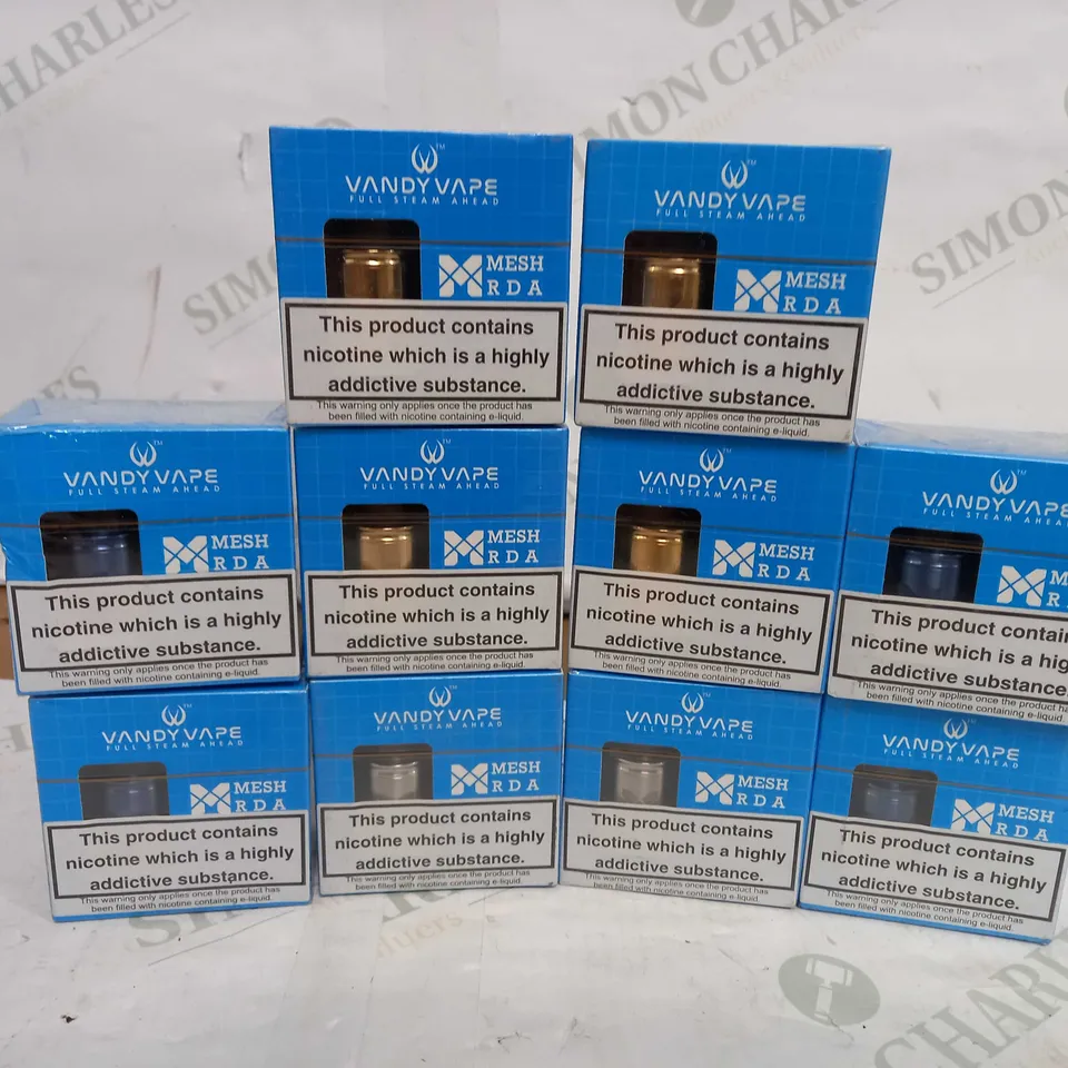 BOX OF APPROX 10 VANDY VAPE MESH RDA IN ASSORTED COLOURS- GOLD/SILVER/BLUE	