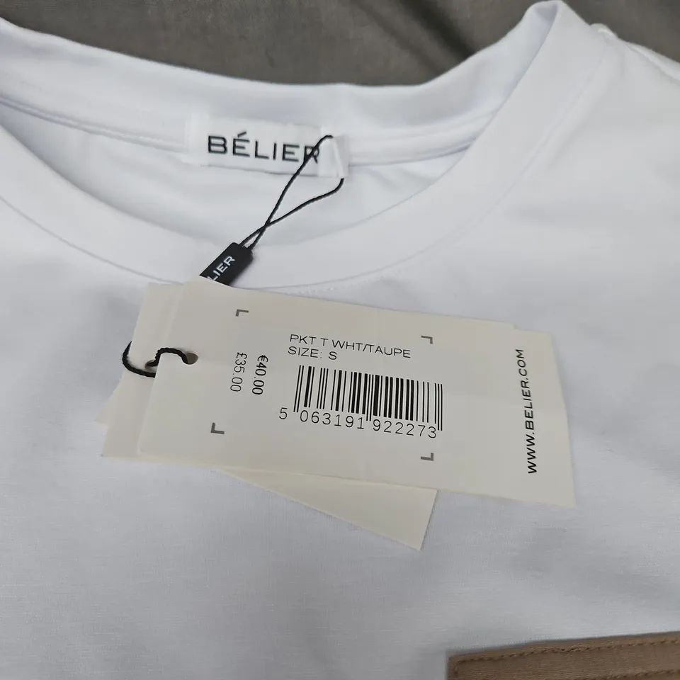 BELIER POCKET TEE – WHITE WITH TAUPE POCKET, SIZE S