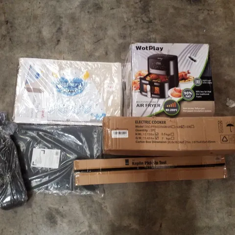 PALLET CONTAINING ASSORTED PRODUCTS INCLUDING AIR FRYER, ELECTRIC COOKER, KEPLIN PICK UP TOOL, KNEELING MAT, LIFTING BELT & TOY CHEST